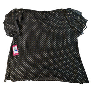 NWT Vince Camuto Womens Metallic Print Tulip Sleeve Blouse Xl Black Gold